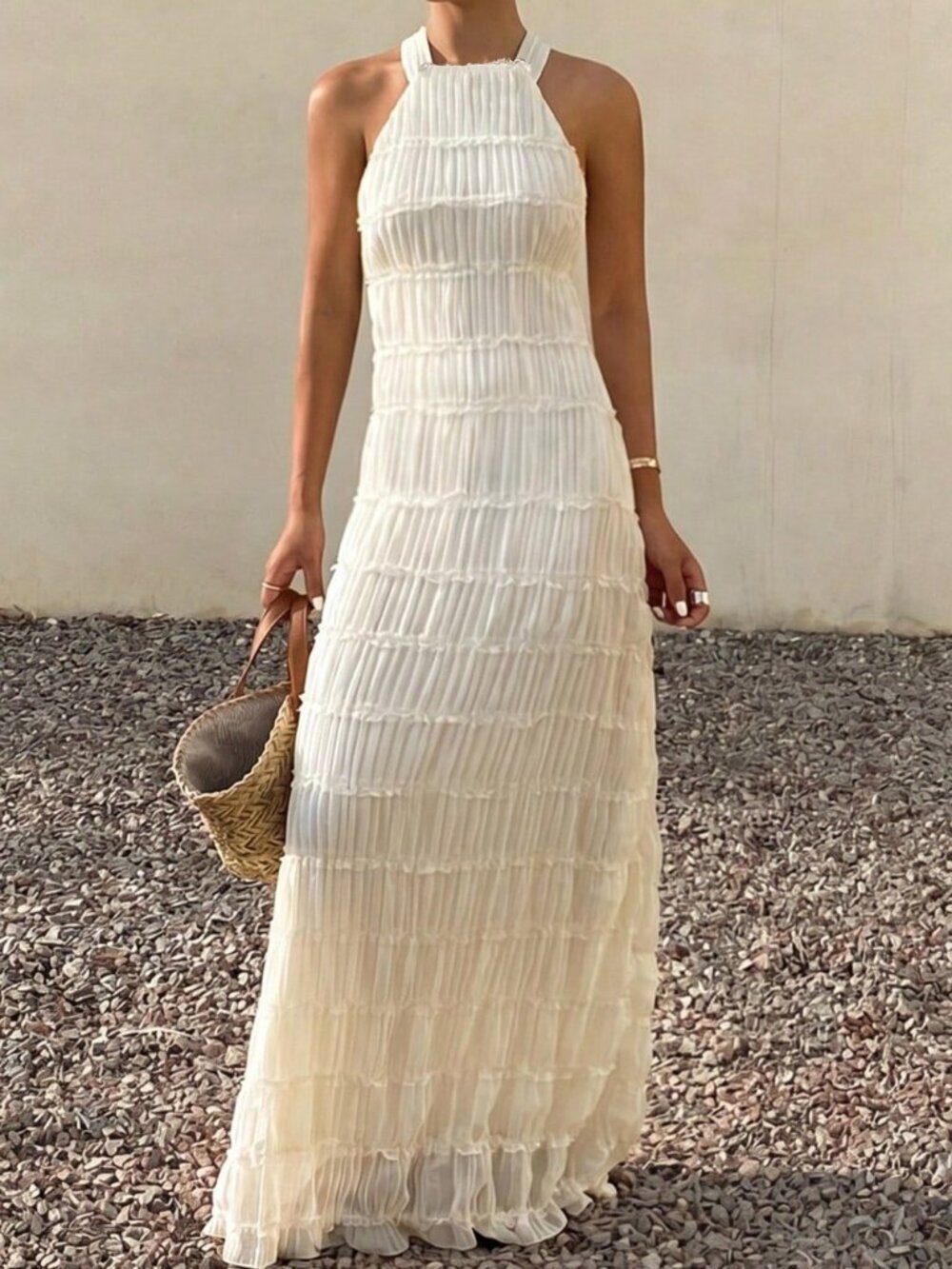 Apricot Casual Women's Vacation Style Lace-Up Halter Dress - Picture 3 of 6